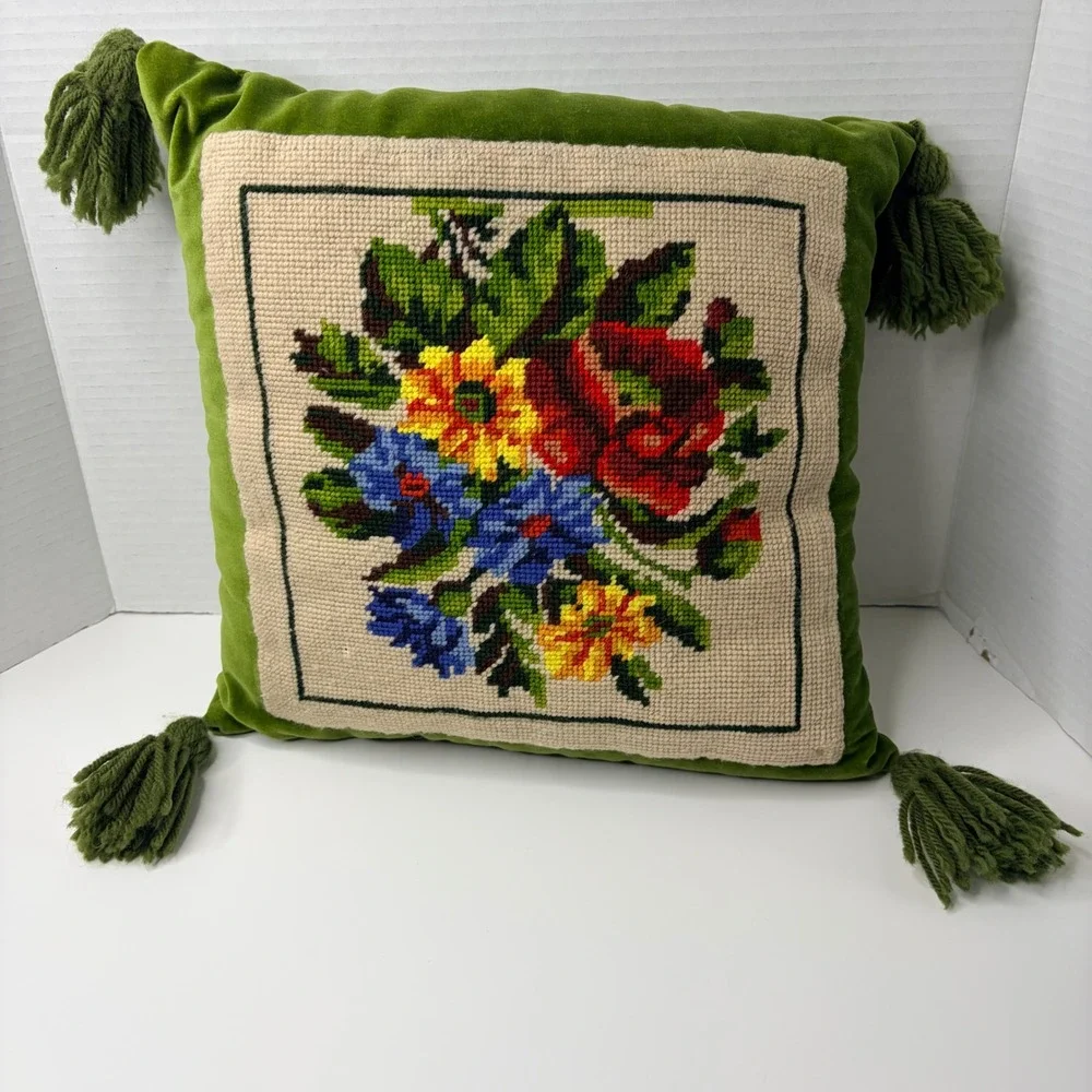 Vtg Floral Needlepoint Pillow Green Velvet Tassels Handmade Boho Cottagecore 70s